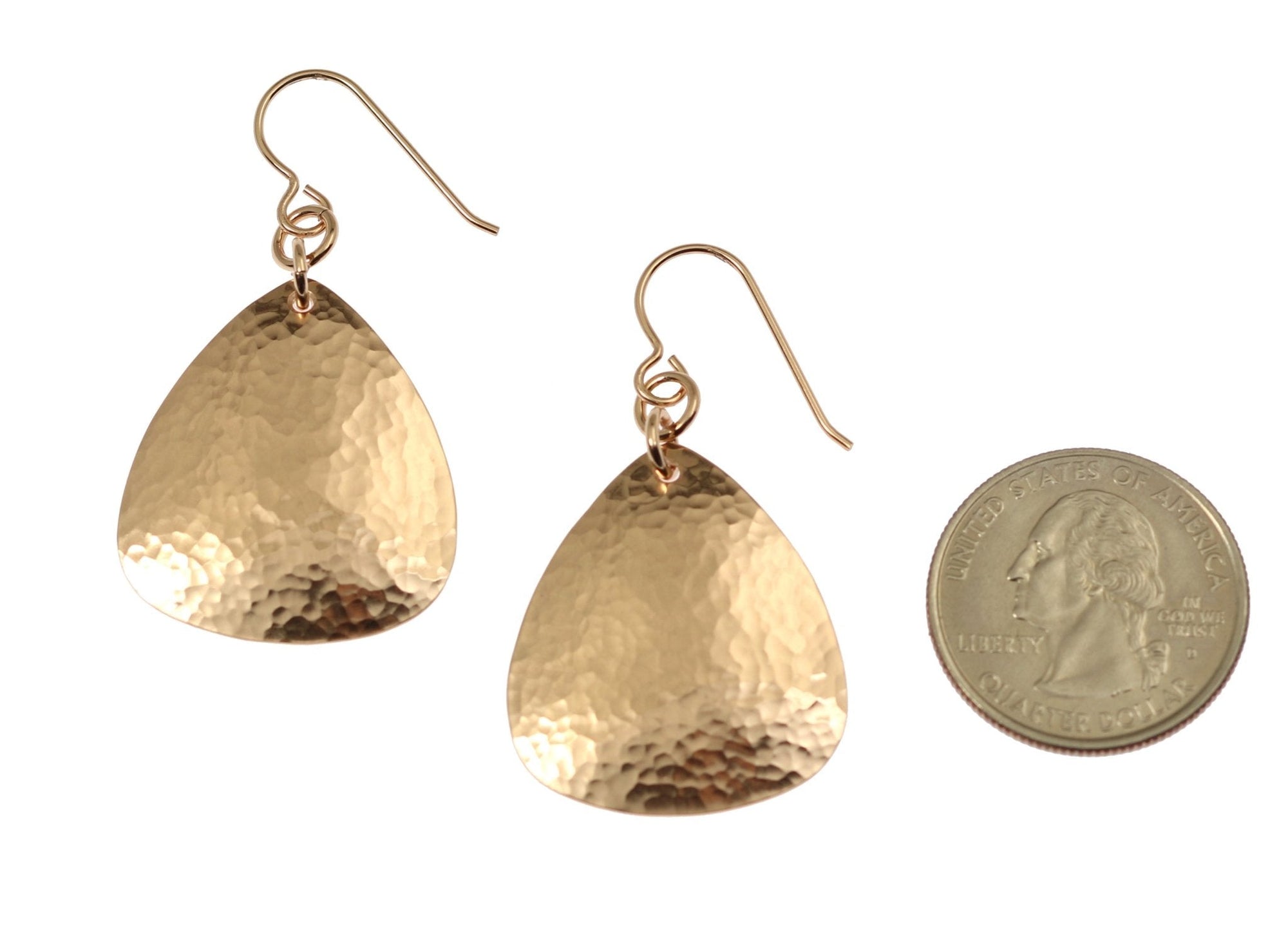 Size of Hammered Bronze Triangular Earrings compared to a US Quarter Coin