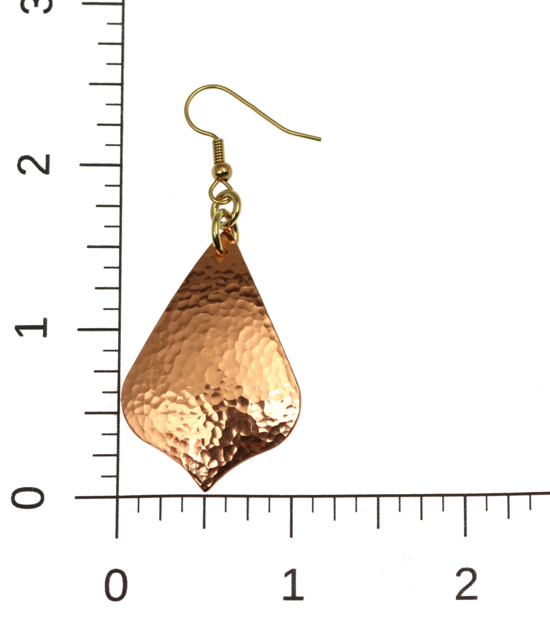 Scale of Hammered Copper Arabesque Drop Earrings on a Ruler for Size Dimensions