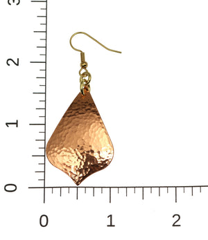 4 of 6: Scale of Hammered Copper Arabesque Drop Earrings on a Ruler for Size Dimensions