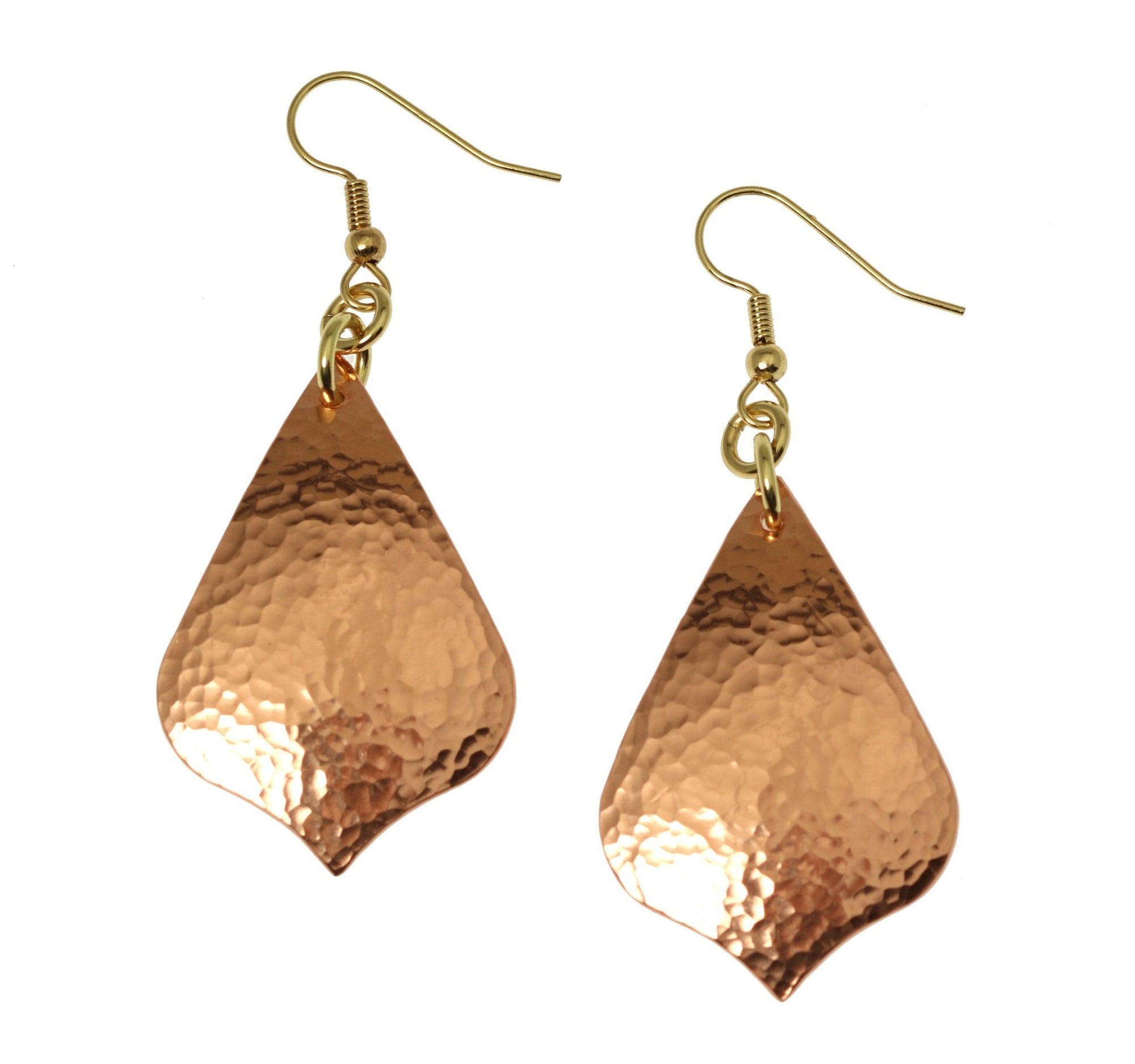 A Pair of Hammered Copper Arabesque Drop Earrings on a White Background