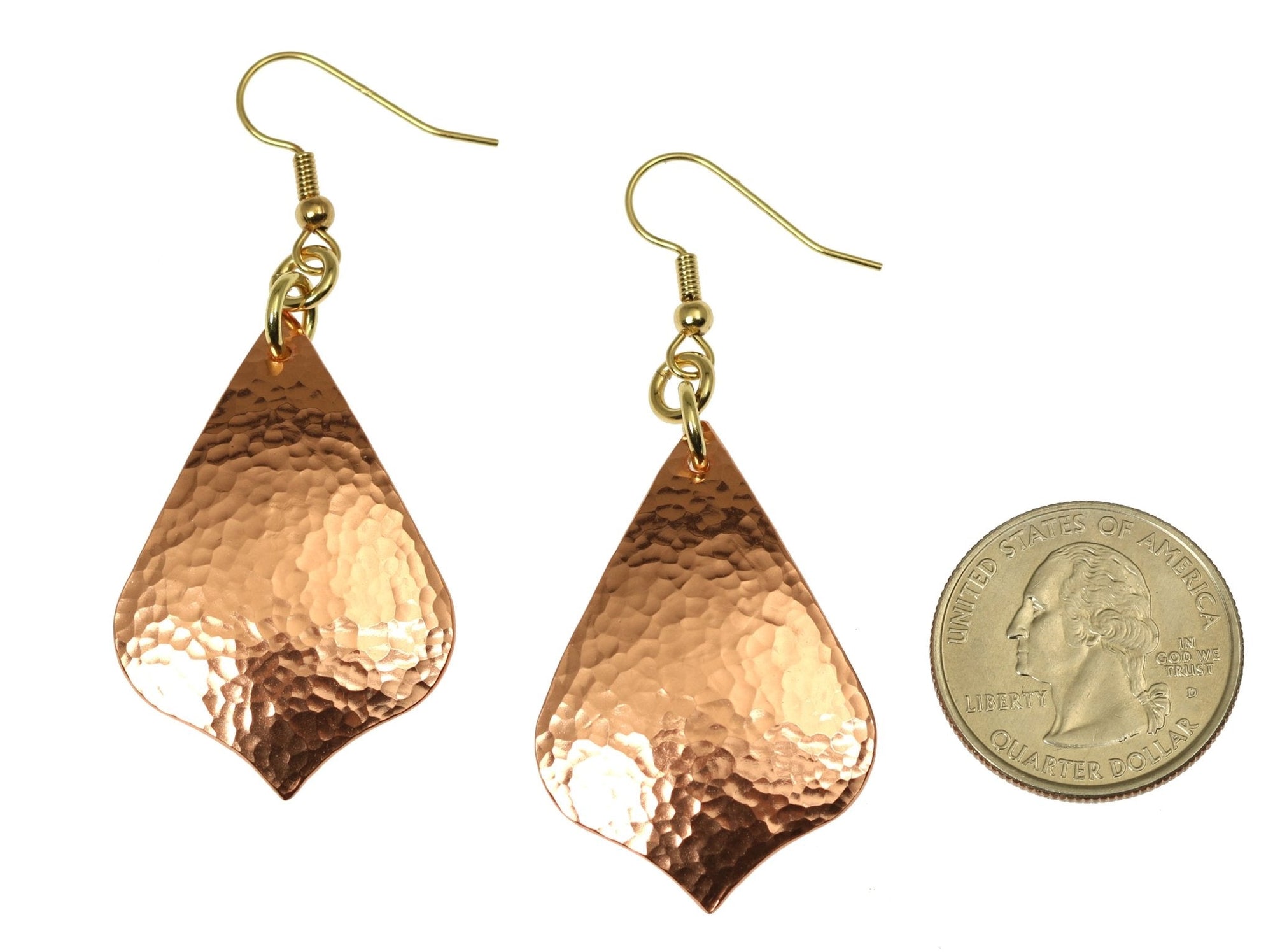 Size of Hammered Copper Arabesque Drop Earrings compared to a US Quarter Coin