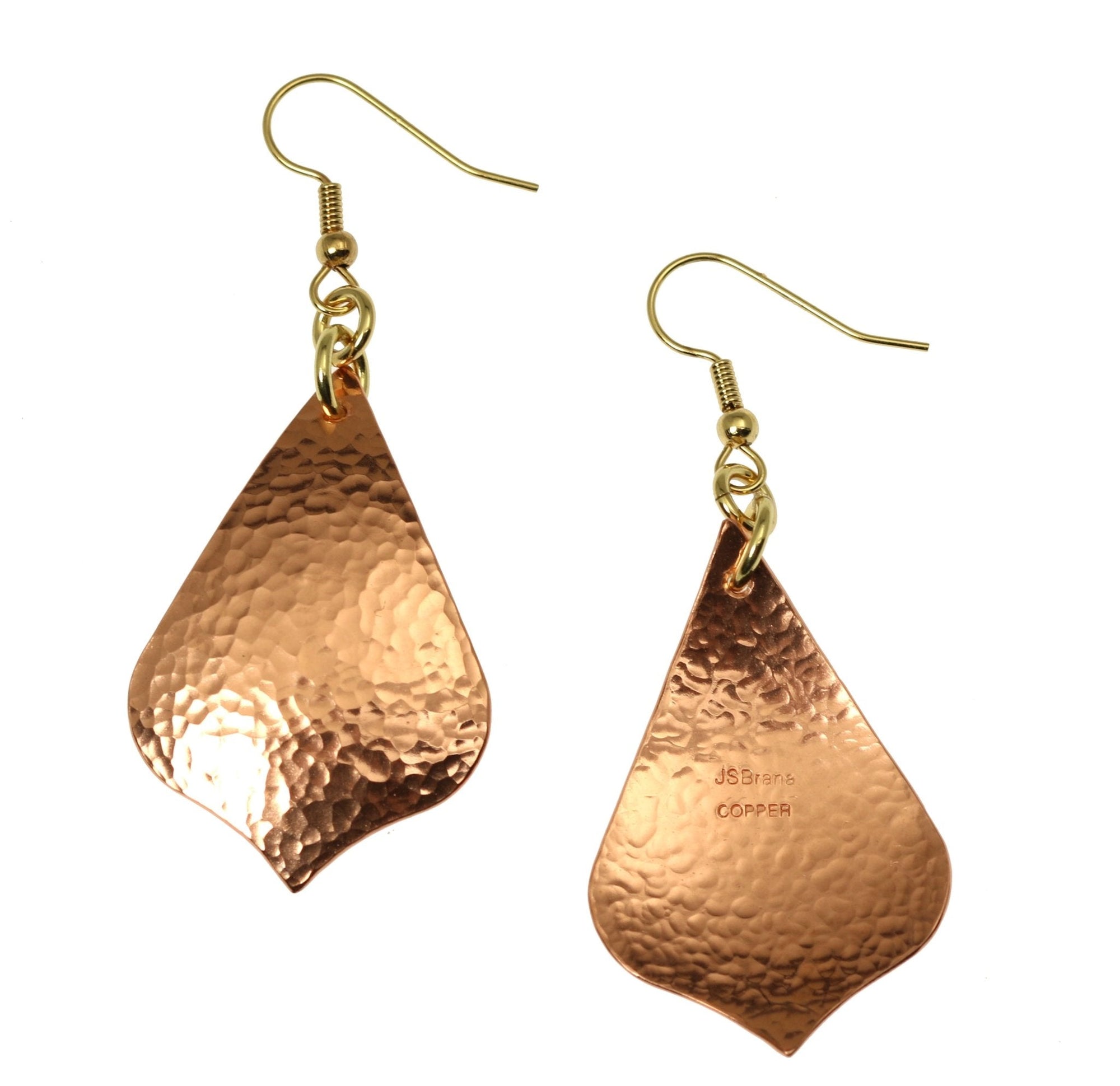 Front and Back Views of Hammered Copper Arabesque Drop Earrings