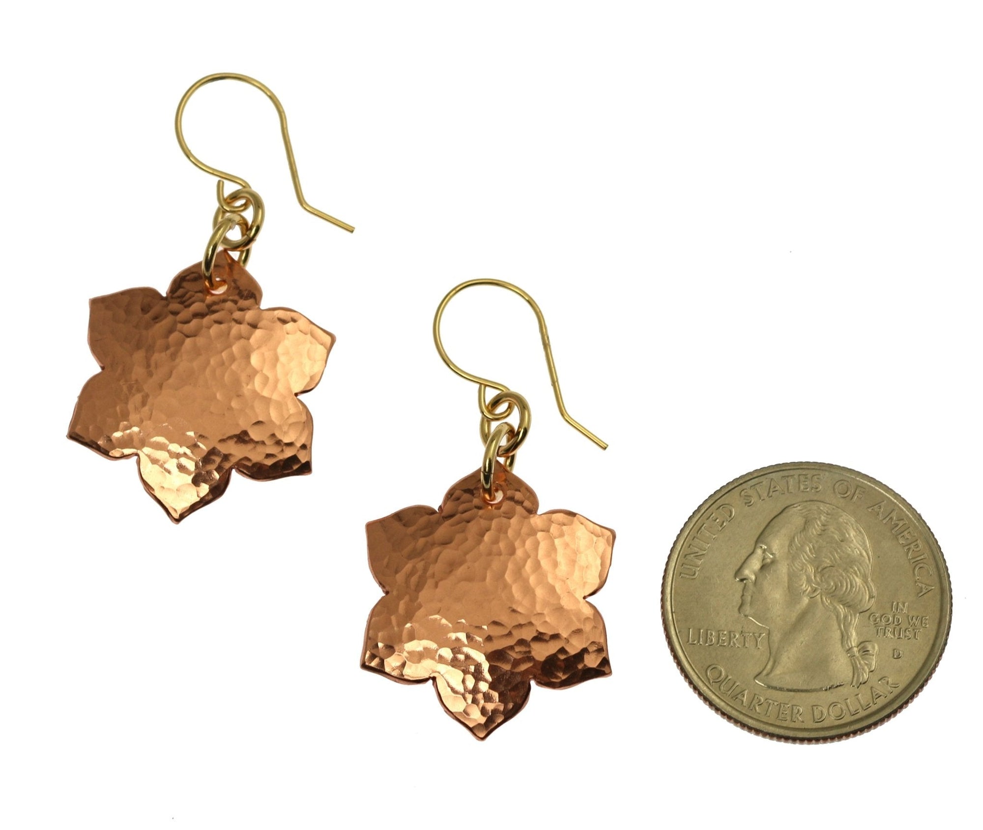Size of Hammered Copper Arabesque Flower Earrings compared to a US Quarter Coin
