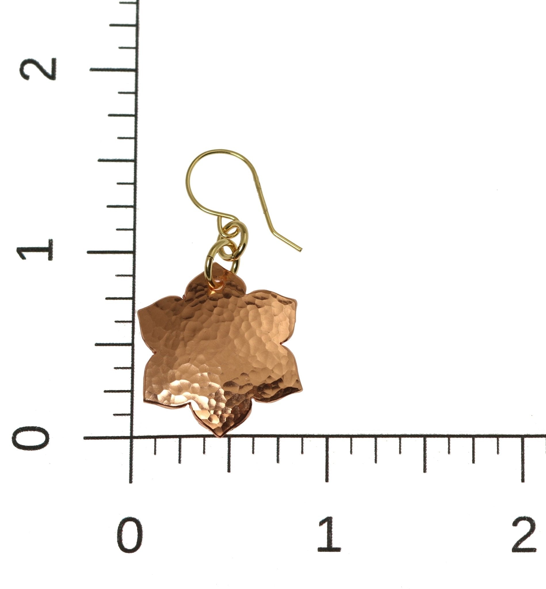 Scale of Hammered Copper Arabesque Flower Earrings on a Ruler for Size Dimensions