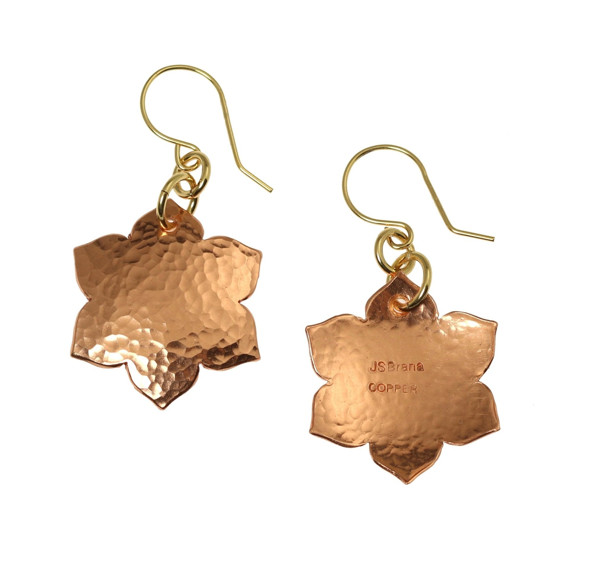 Front and Back Views of Hammered Copper Arabesque Flower Earrings