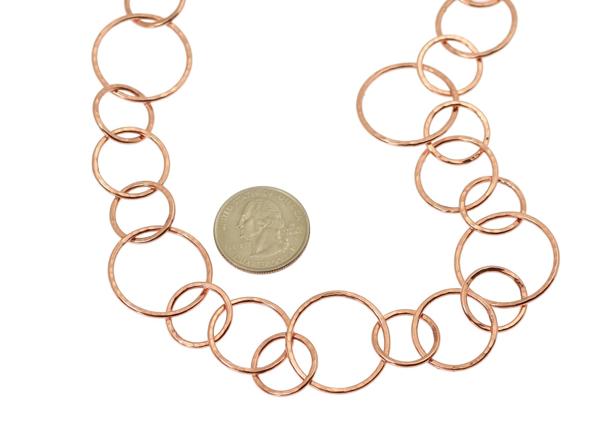 Detail View of Hammered Copper Chain Link Necklace compared to a US Quarter Coin