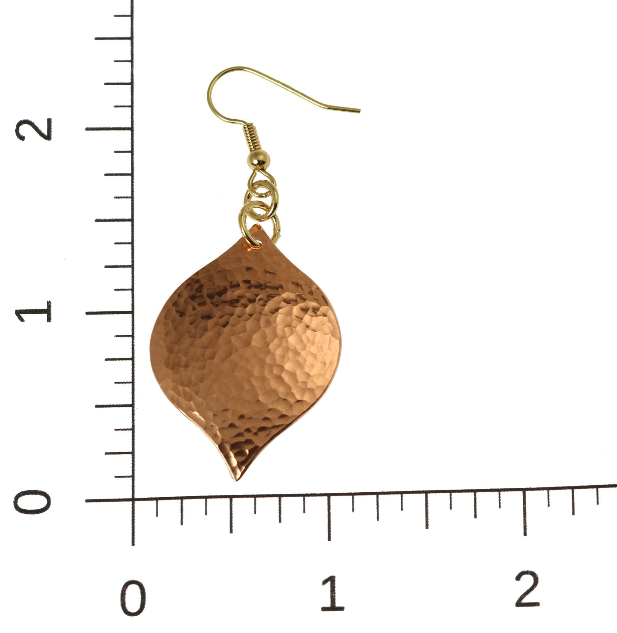 Scale of Hammered Copper Marrakesh Drop Earrings on a Ruler for Size Dimensions