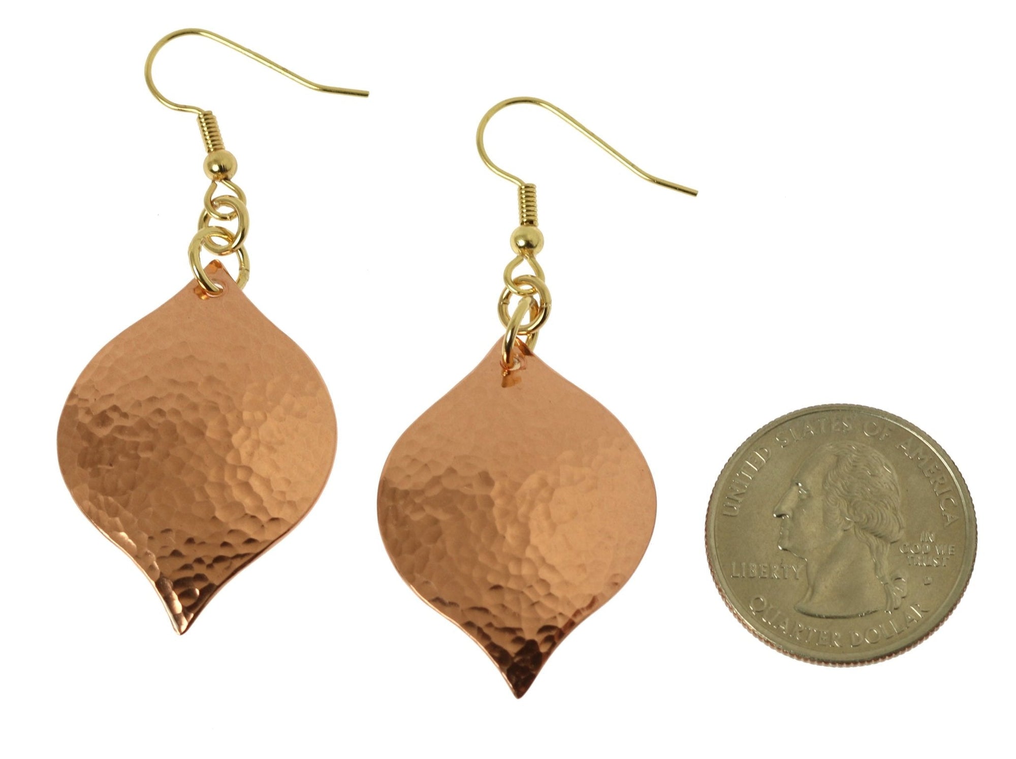 Size of Hammered Copper Marrakesh Drop Earrings compared to a US Quarter Coin
