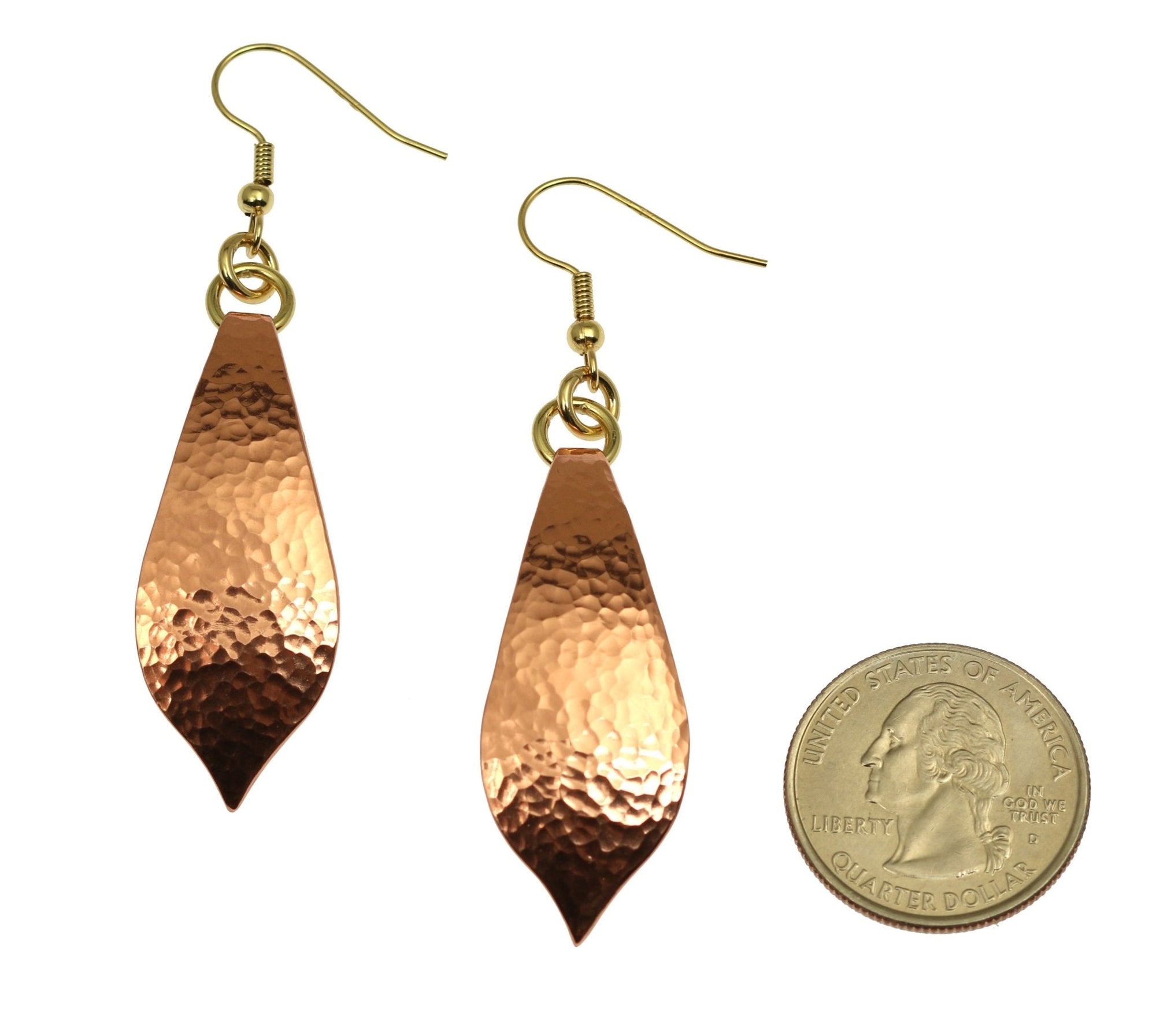 Size of Hammered Copper Marrakesh Teardrop Earrings compared to a US Quarter Coin