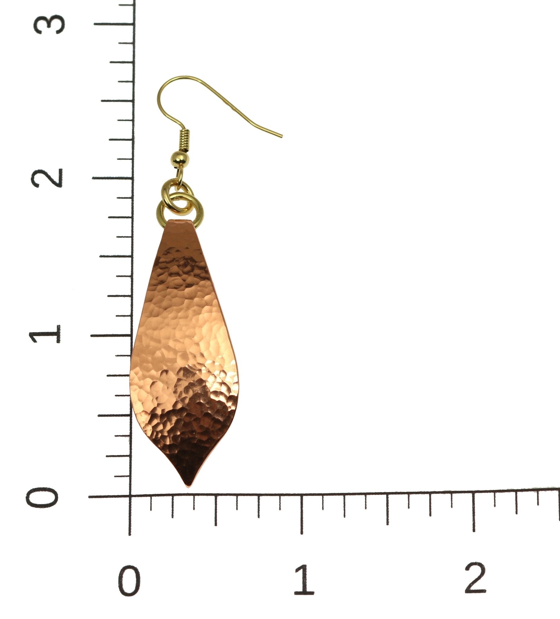 Scale of Hammered Copper Marrakesh Teardrop Earrings on a Ruler for Size Dimensions