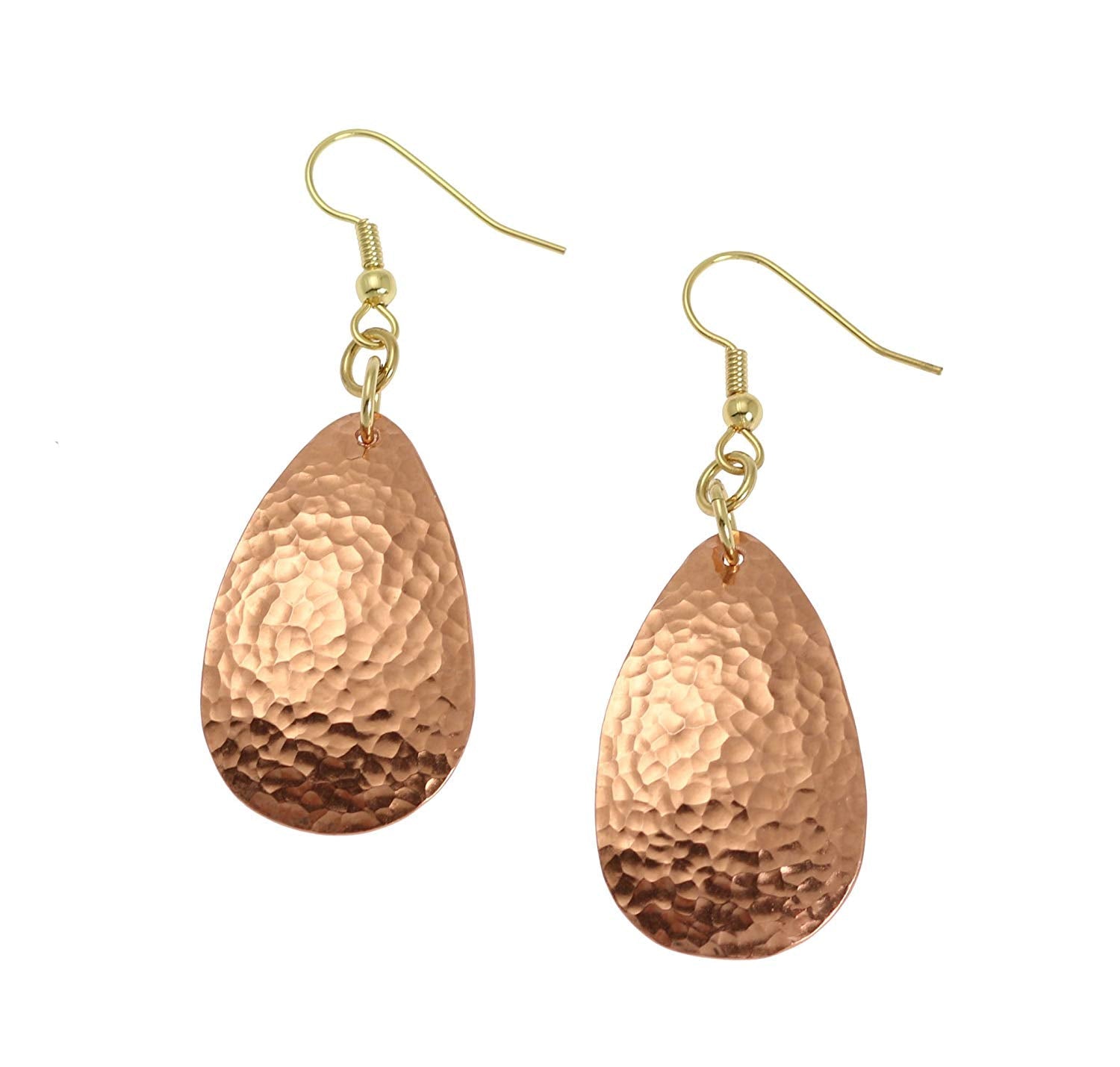 A Pair of Hammered Copper Medium Teardrop Earrings on a White Background