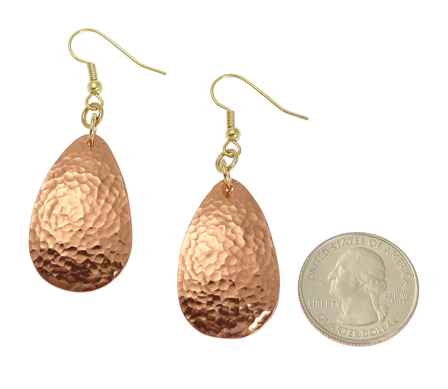Size of Hammered Copper Medium Teardrop Earrings compared with a US Quarter Coin