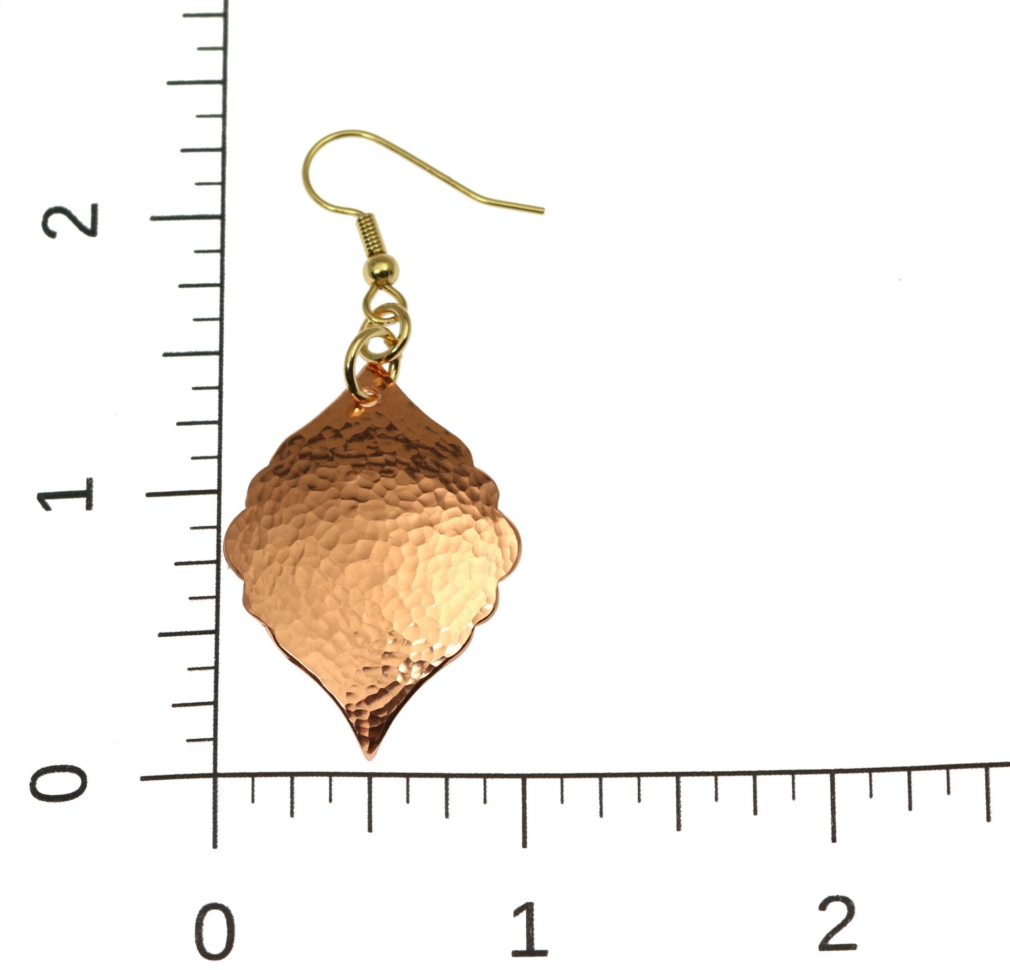 Scale of Hammered Copper Moroccan Drop Earrings on a Ruler for Size Dimensions