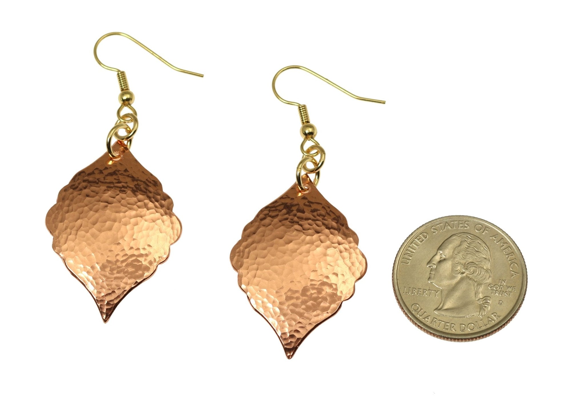 Size of Hammered Copper Moroccan Drop Earrings compared to a US Quarter Coin