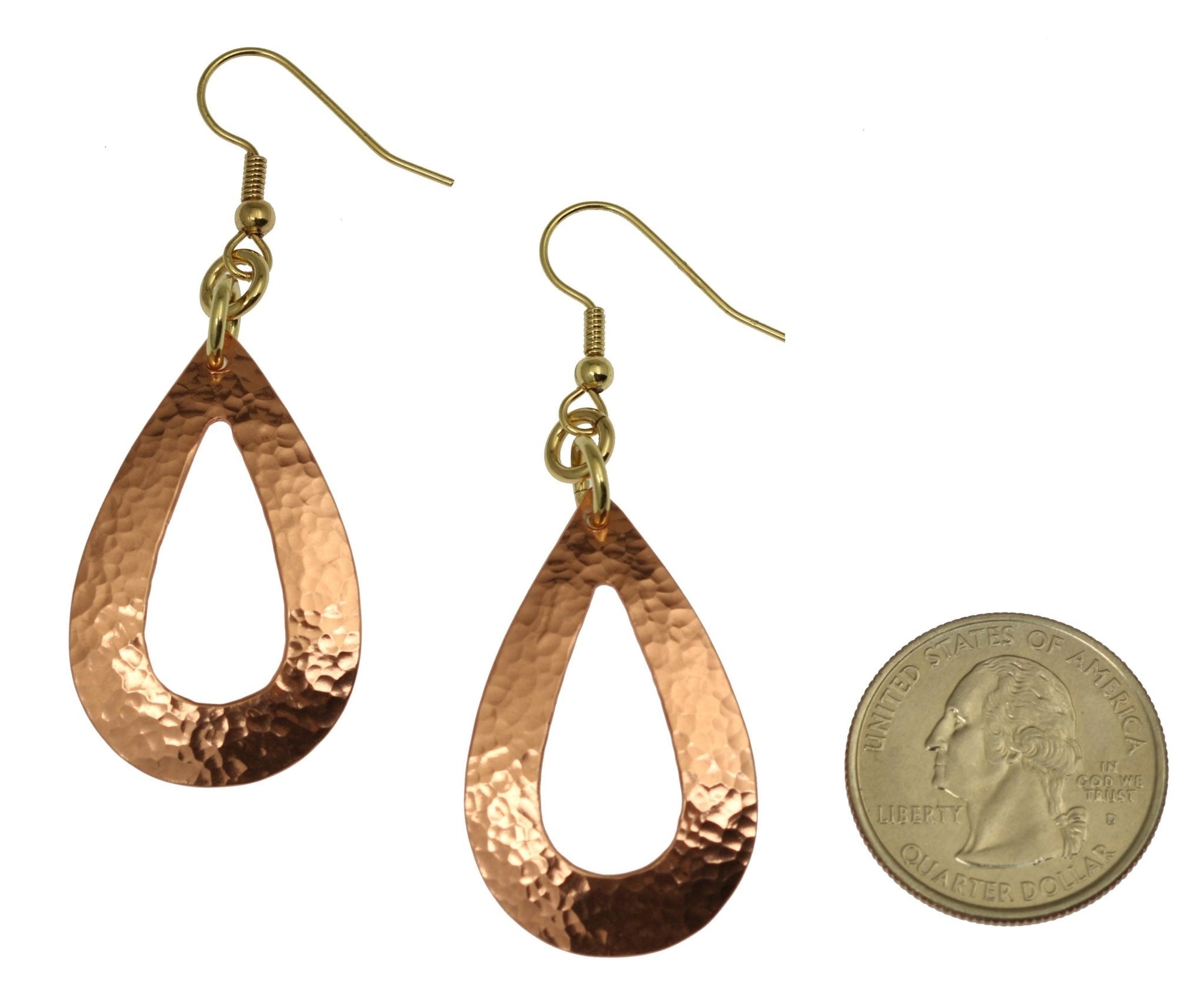 Size of Hammered Copper Open Teardrop Earrings compared to a US Quarter Coin