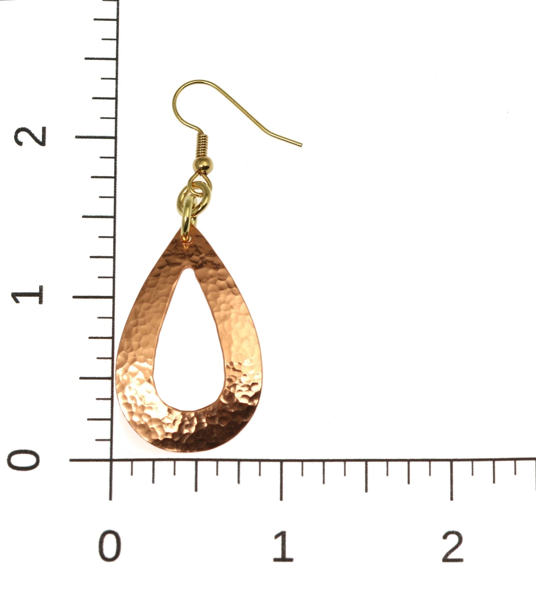 Scale of Hammered Copper Open Teardrop Earrings on a Ruler for Size Dimensions