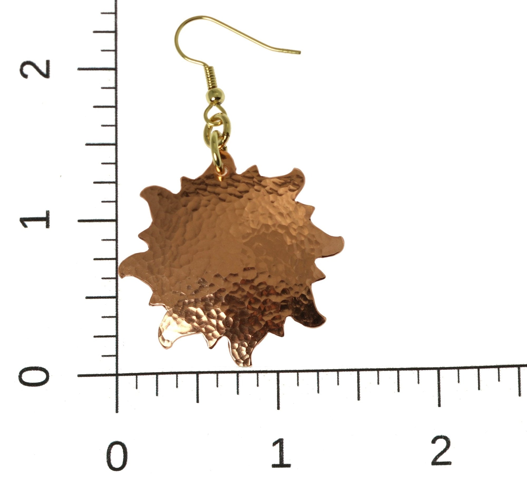 Scale of Hammered Copper Sunburst Earrings on a Ruler for Size Dimensions