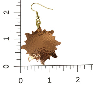 3 of 6: Scale of Hammered Copper Sunburst Earrings on a Ruler for Size Dimensions