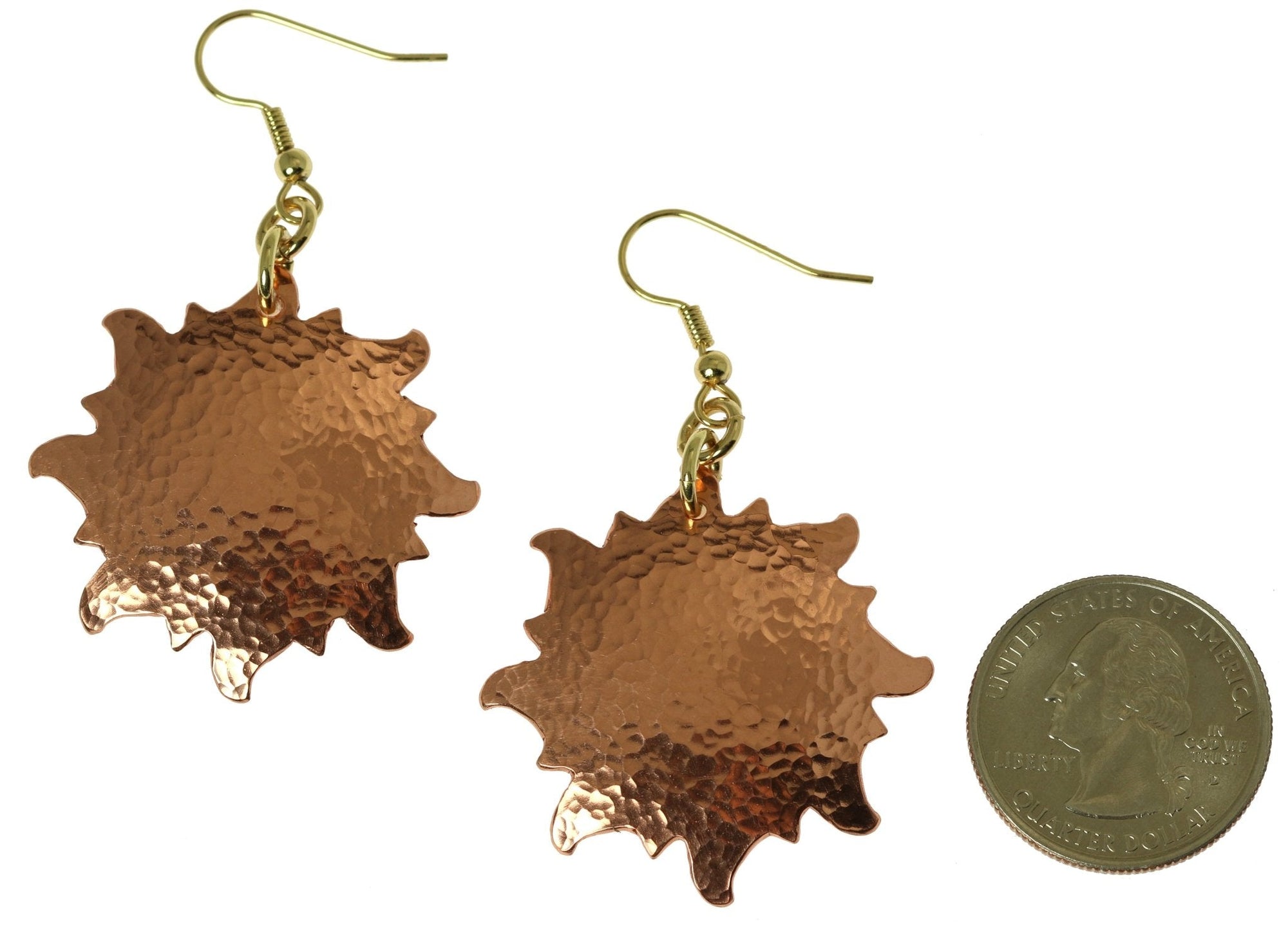 Size of Hammered Copper Sunburst Earrings compared to a US Quarter Coin