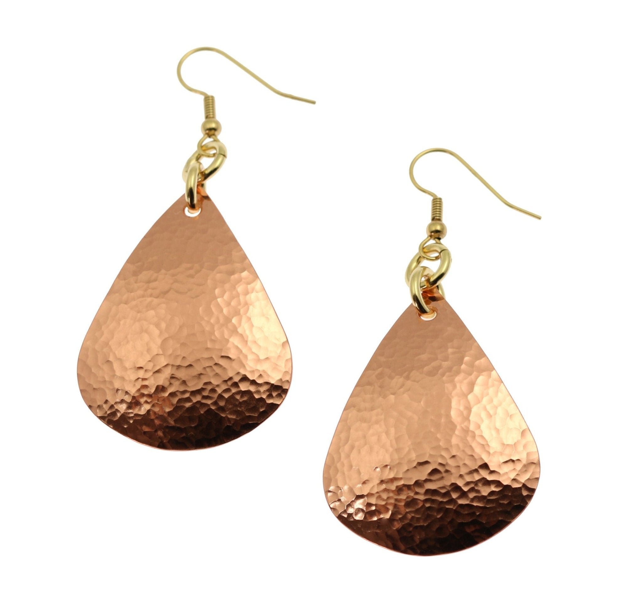 A Pair of Hammered Copper Teardrop Earrings on a White Background