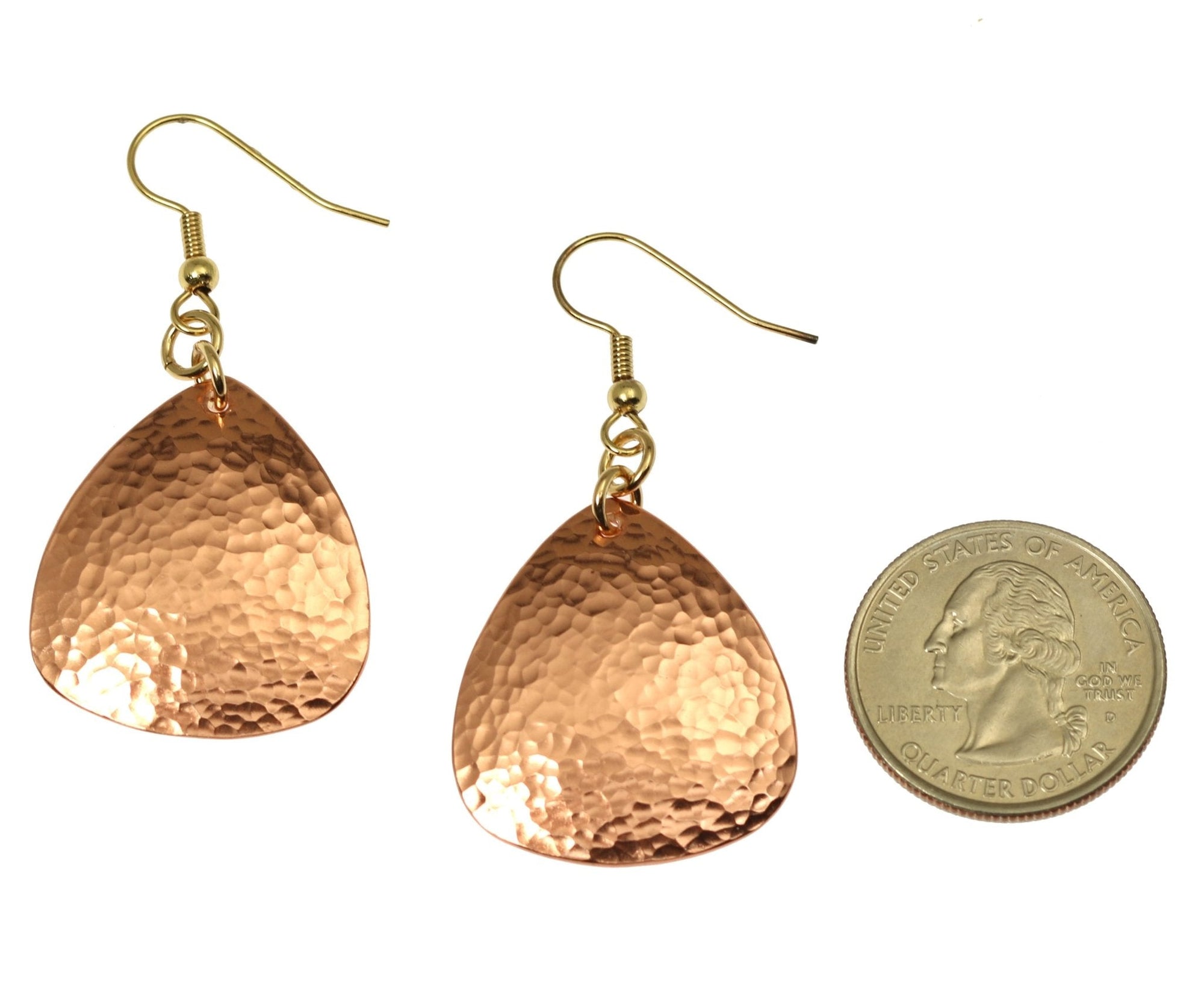 Hammered Copper Triangular Drop Earrings next to US Quarter for Size Comparison