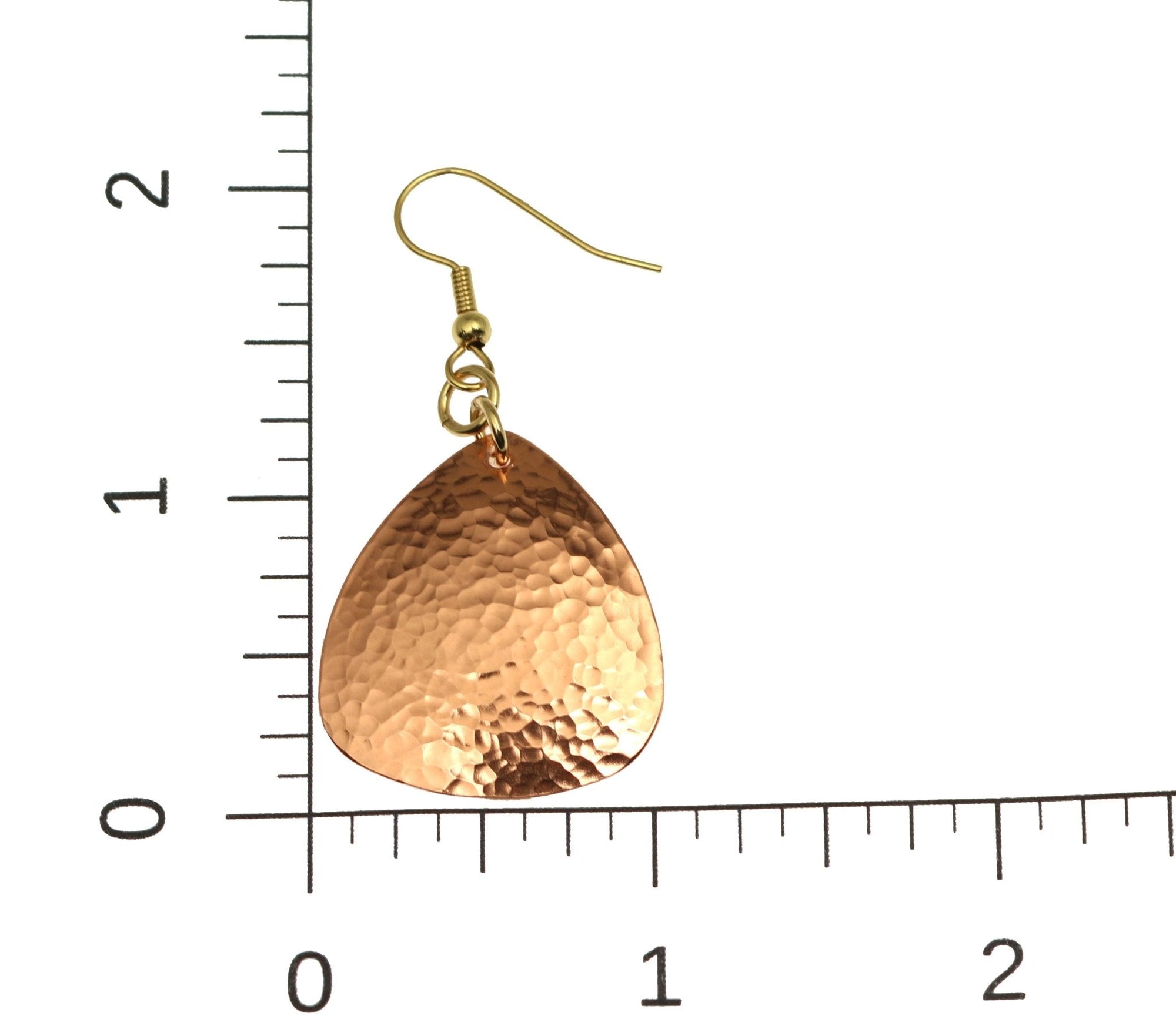 Hammered Copper Triangular Drop Earrings on Ruler for Scale