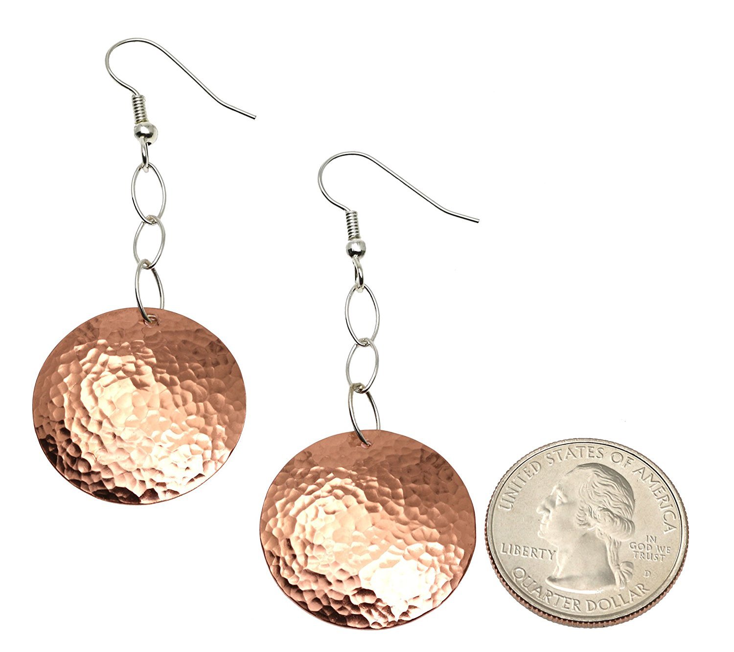 Size of Hammered Disc Copper Dangle Earrings compared to a US Quarter Coin