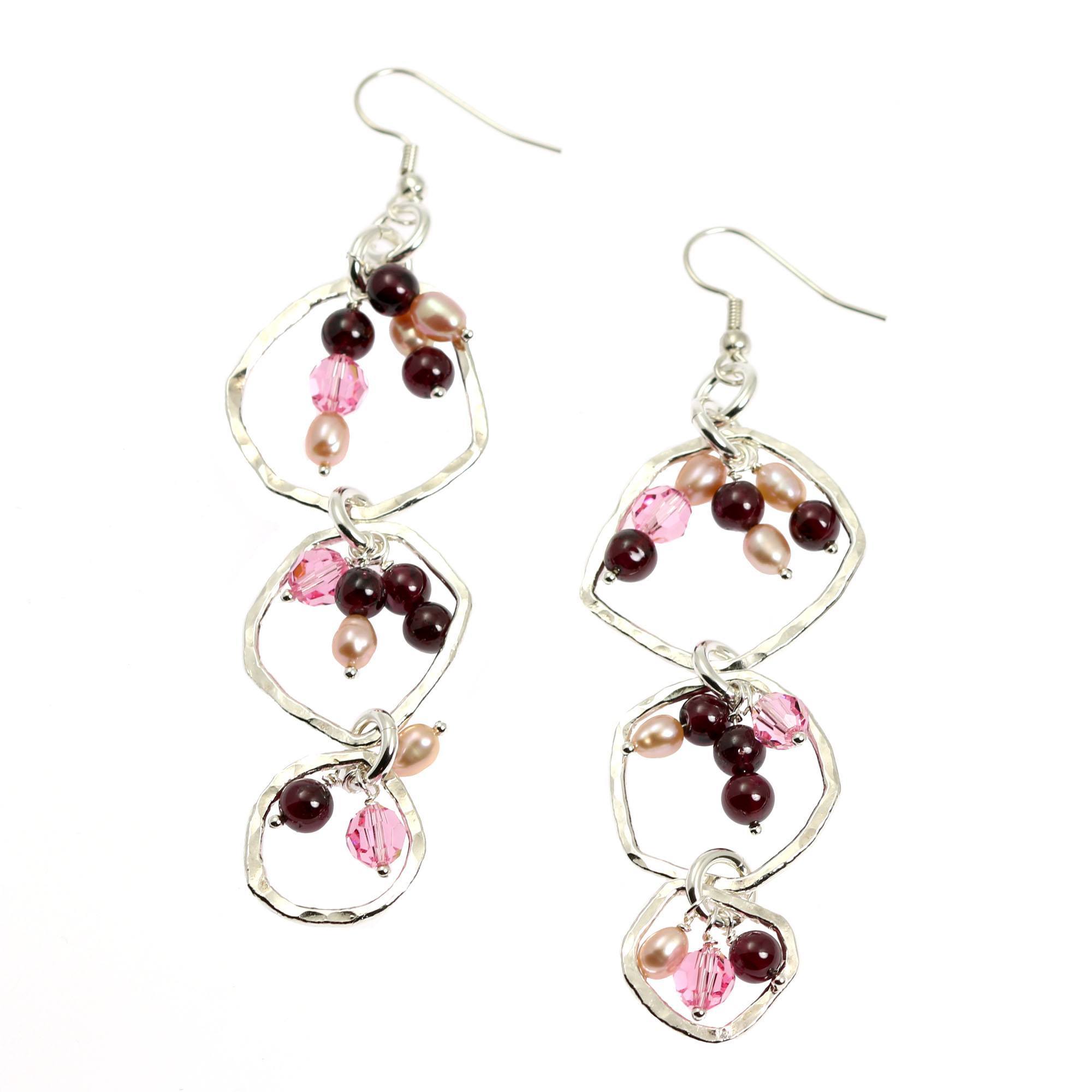 Detail View of Hammered Fine Silver Earrings with Garnets