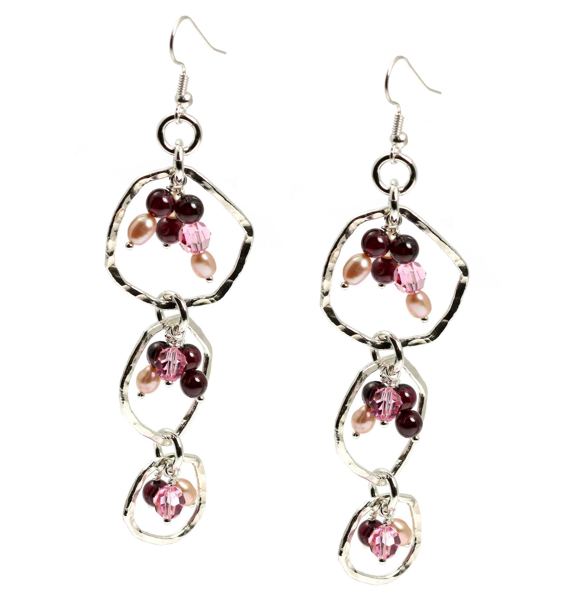 Hammered Fine Silver Earrings with Garnets