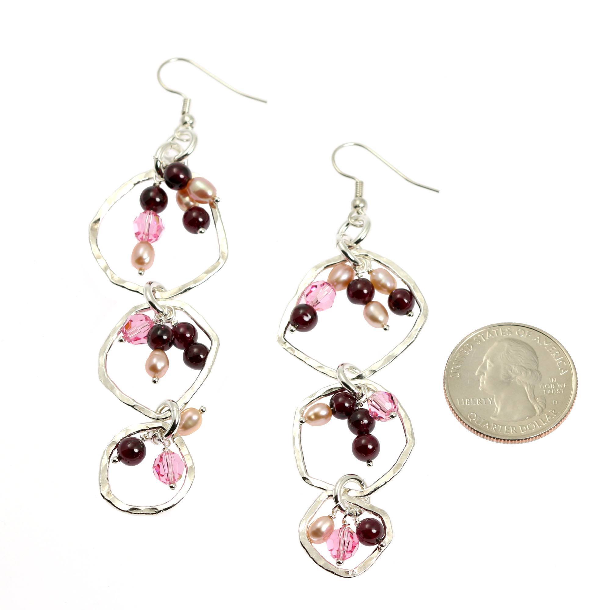Size of Hammered Fine Silver Earrings with Garnets