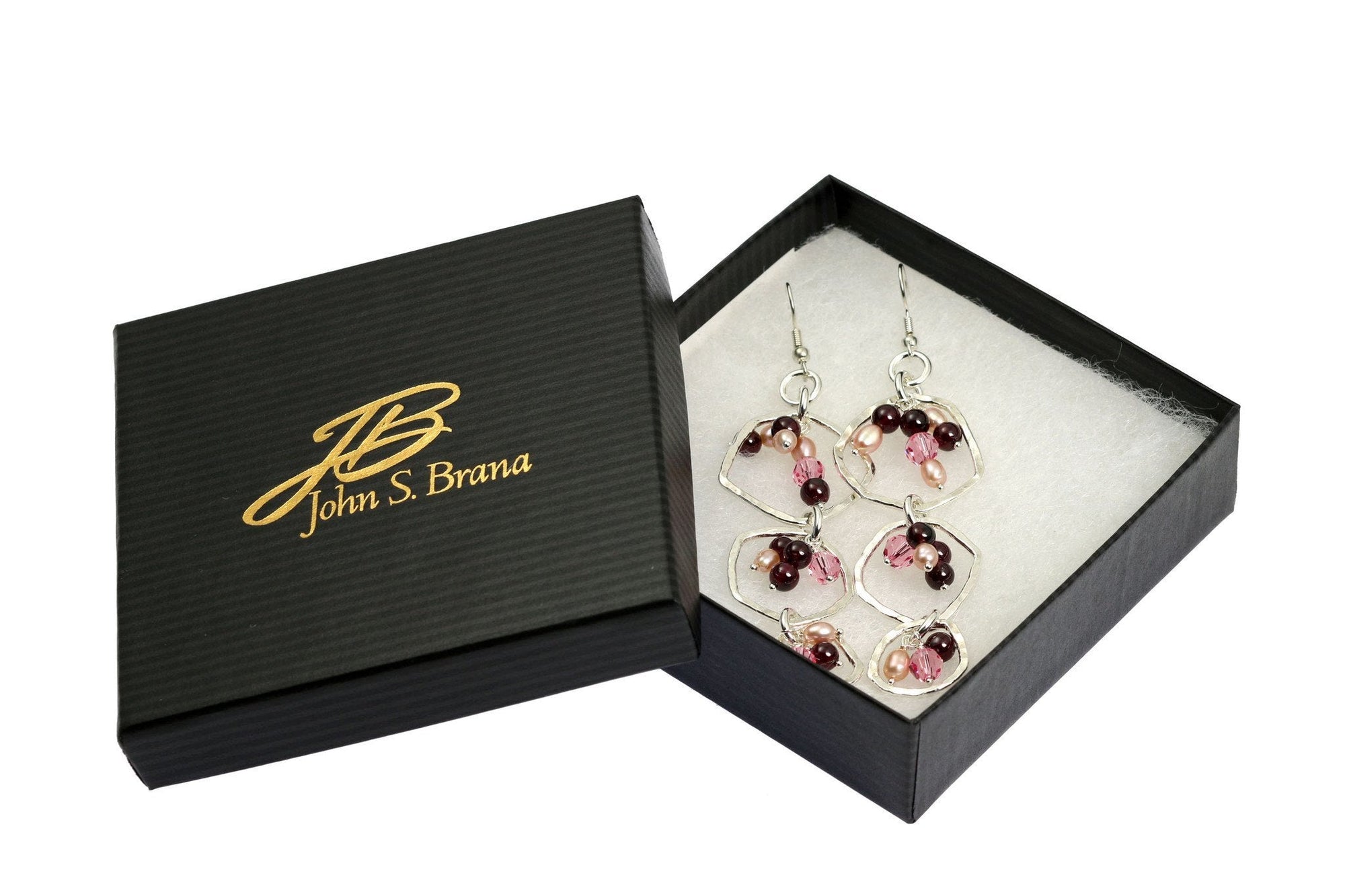 Gift Boxed Hammered Fine Silver Earrings with Garnets