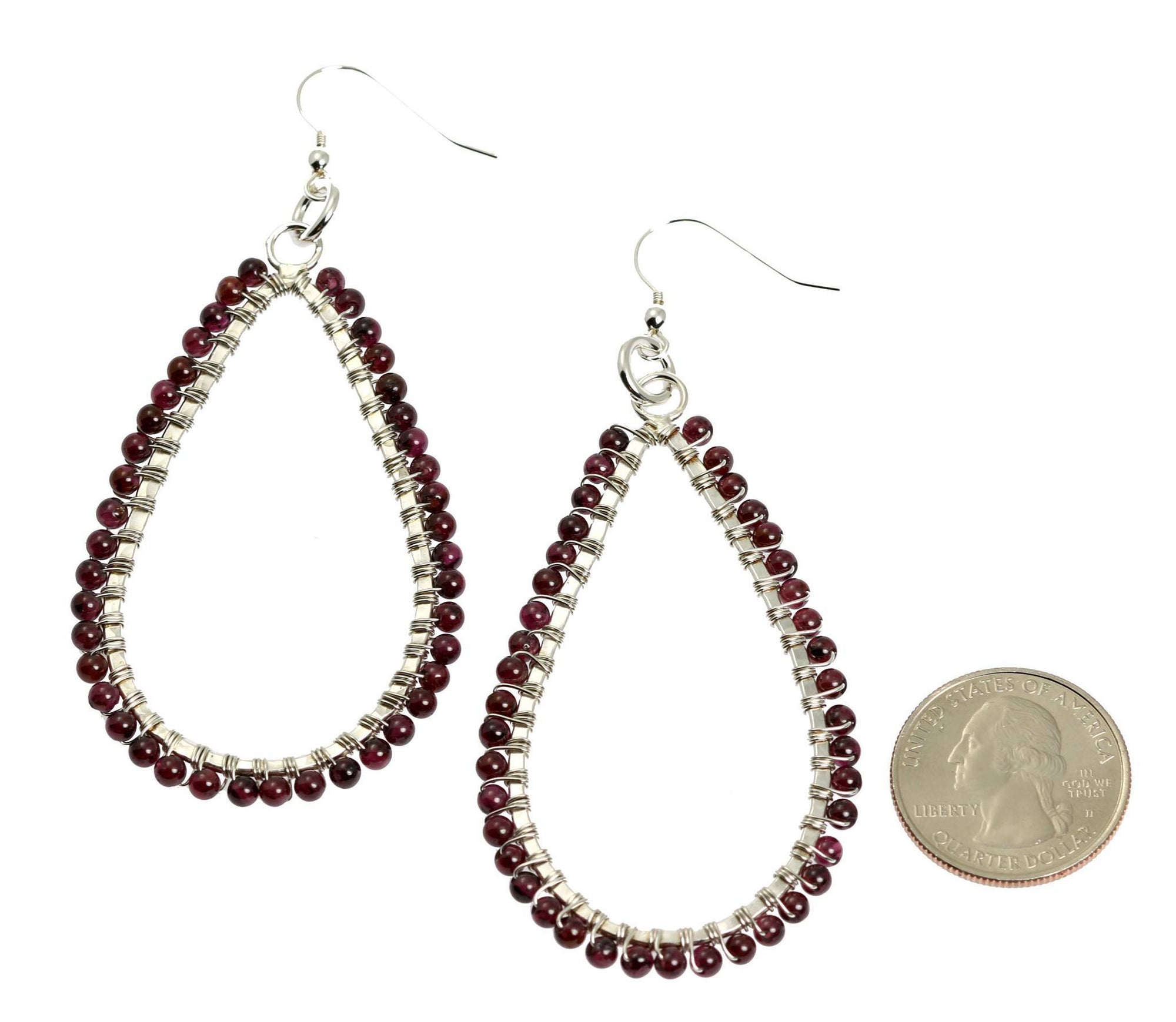 Size of Hammered Fine Silver Garnet Teardrop Earrings compared to a US Quarter Coin