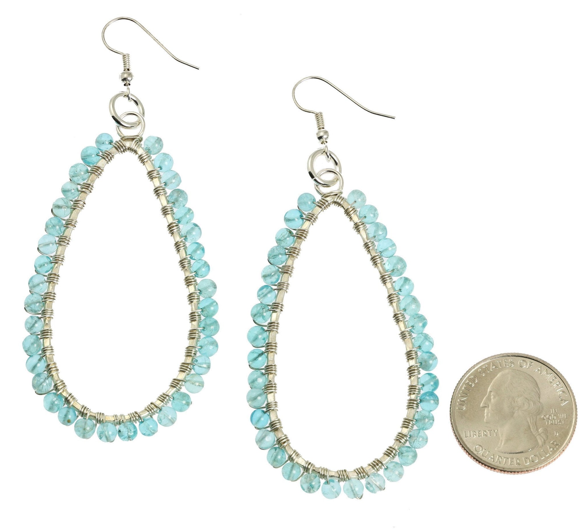 Size of Hammered Silver Drop Earrings with Apatite compared to a US Quarter Coin