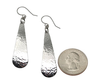 2 of 3: Size of Hammered Long Aluminum Teardrop Earrings on Ruler for Size Dimensions