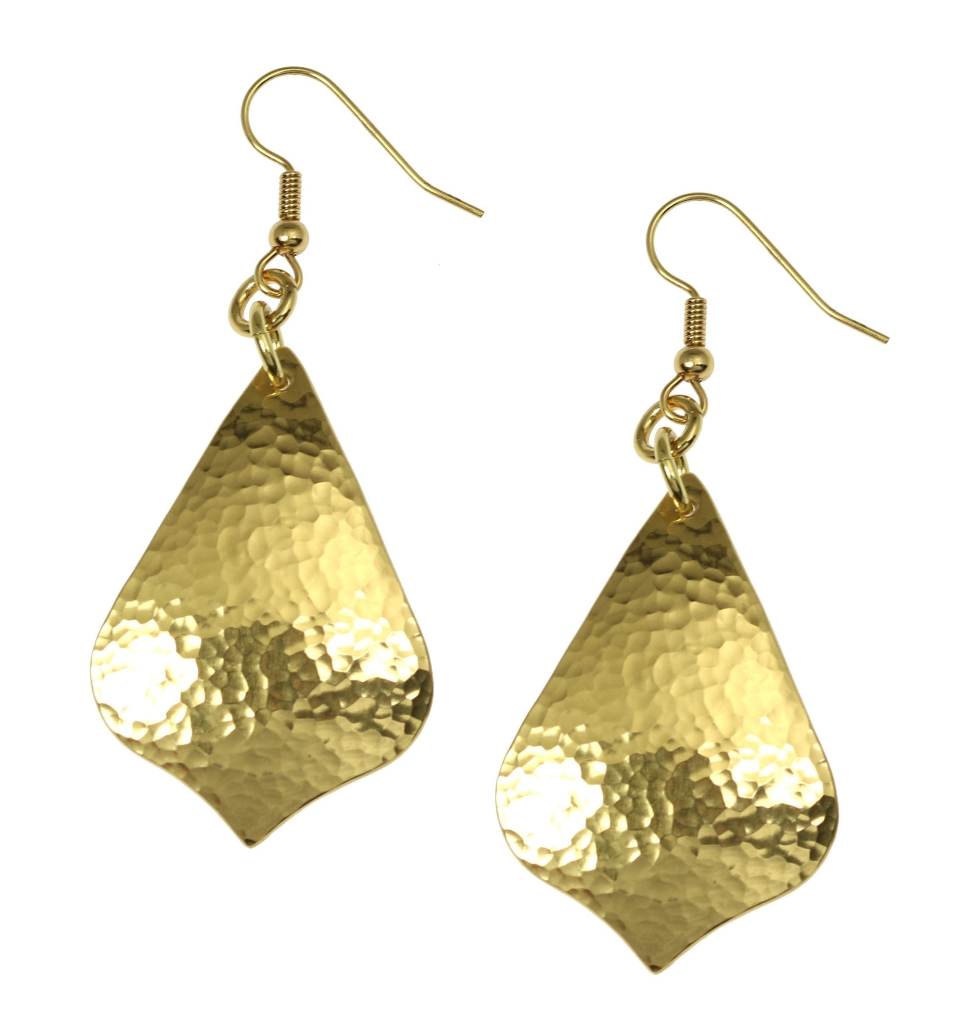 A Pair of Hammered Nu Gold Arabesque Drop Earrings on a White Background