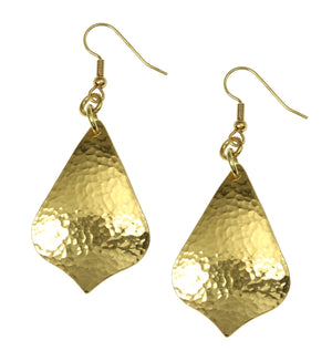 1 of 6: A Pair of Hammered Nu Gold Arabesque Drop Earrings on a White Background