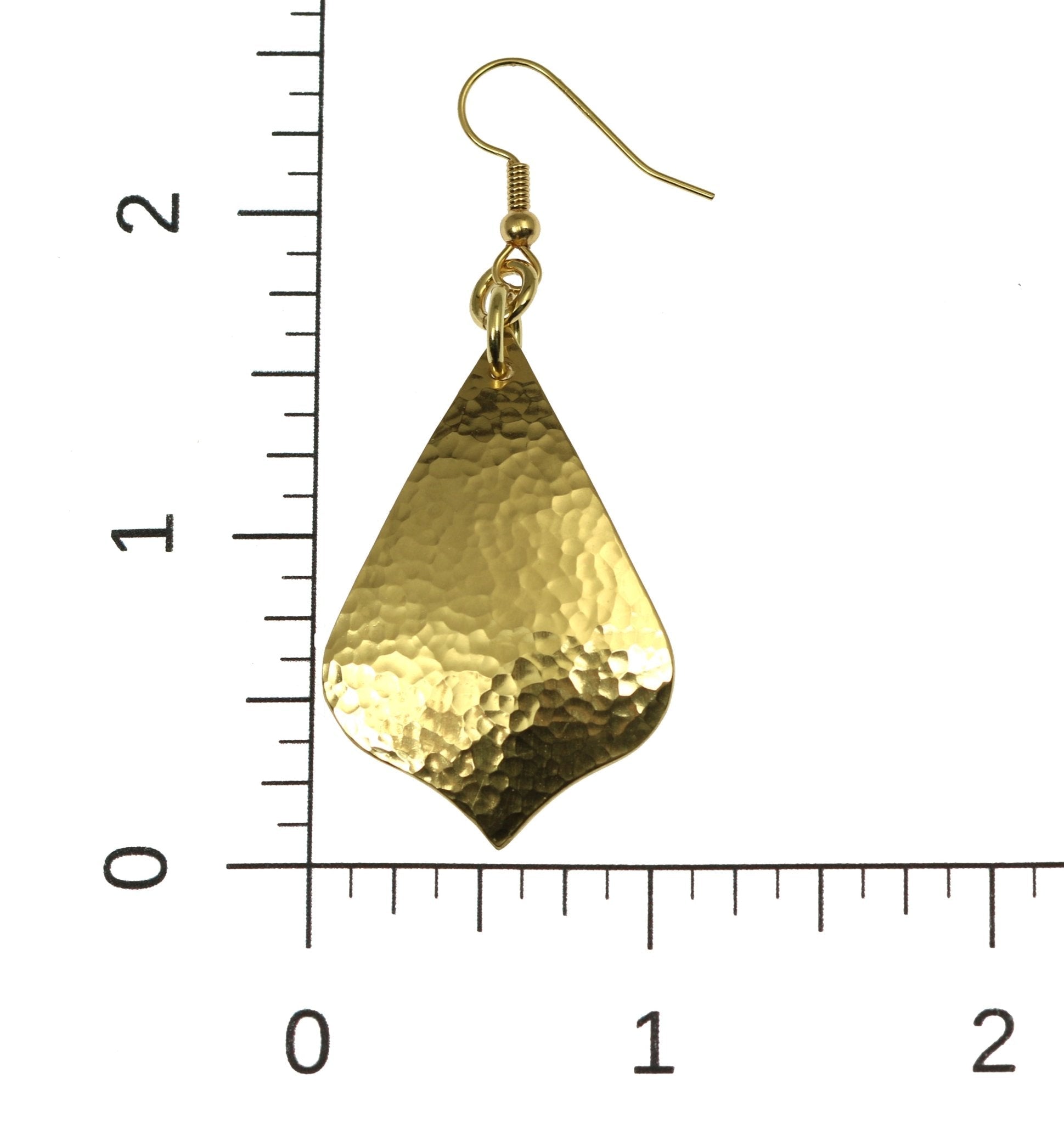 Scale of Hammered Nu Gold Arabesque Drop Earrings on a Ruler for Size Dimensions