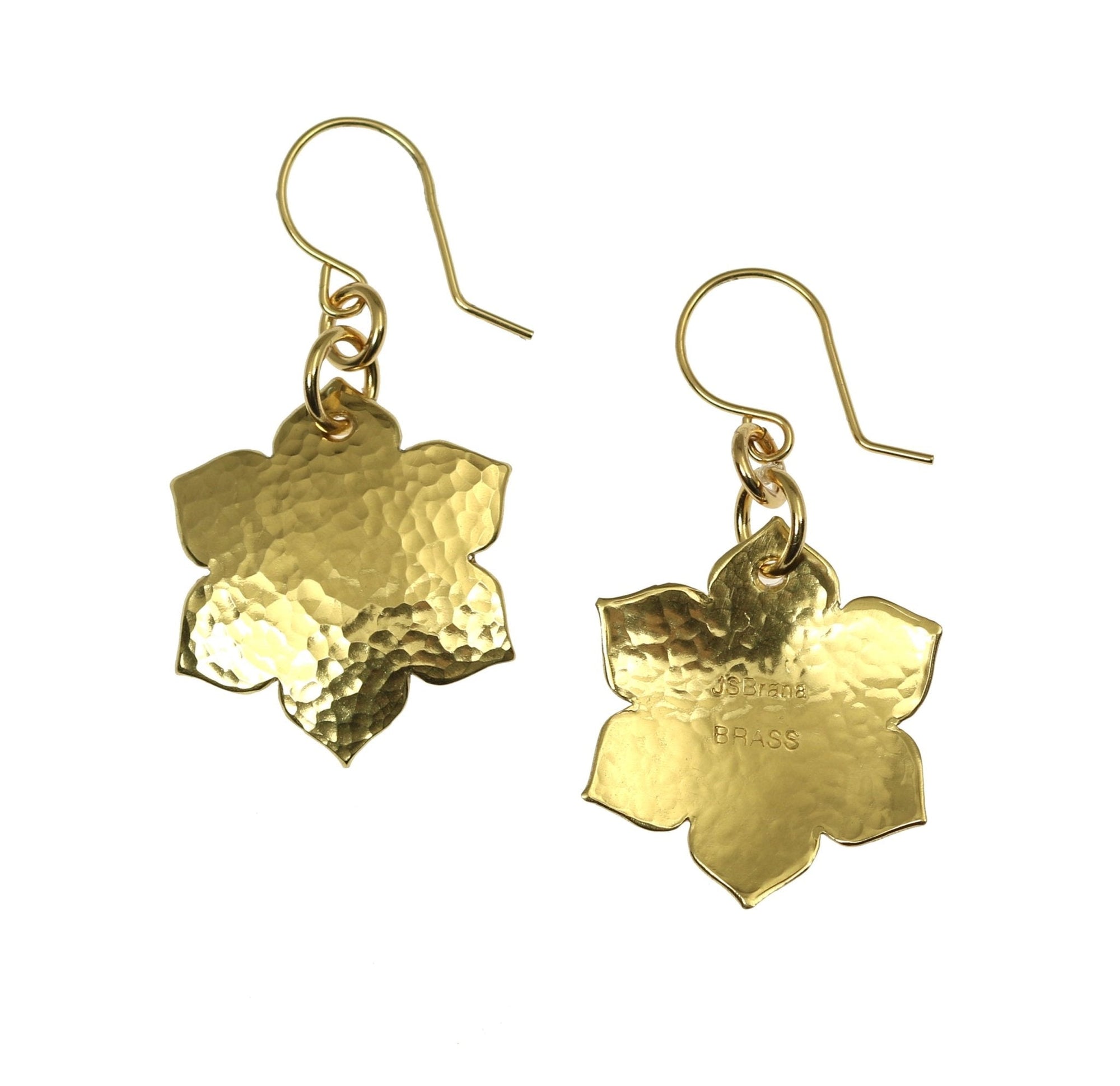 Detail View of Hammered Nu Gold Arabesque Flower Earrings