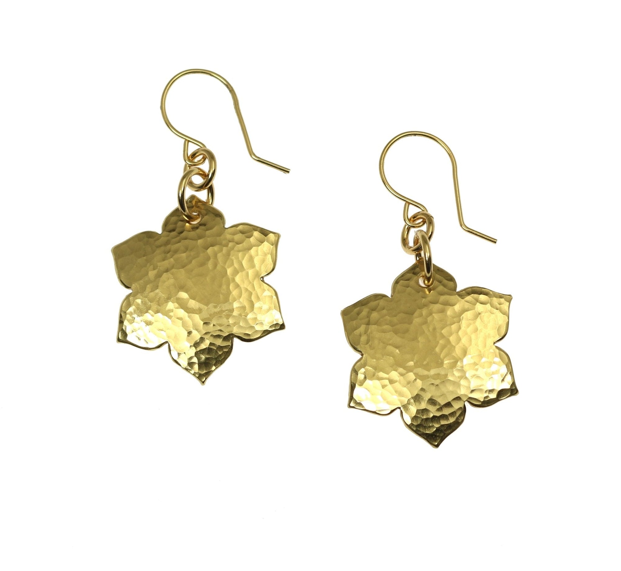 A Pair of Hammered Nu Gold Arabesque Flower Earrings on a White Background