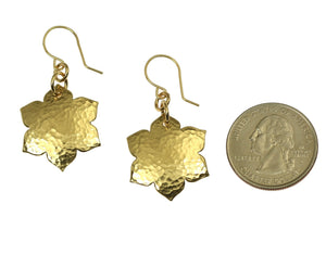 2 of 6: Size of Hammered Nu Gold Arabesque Flower Earrings compared to a US Quarter Coin