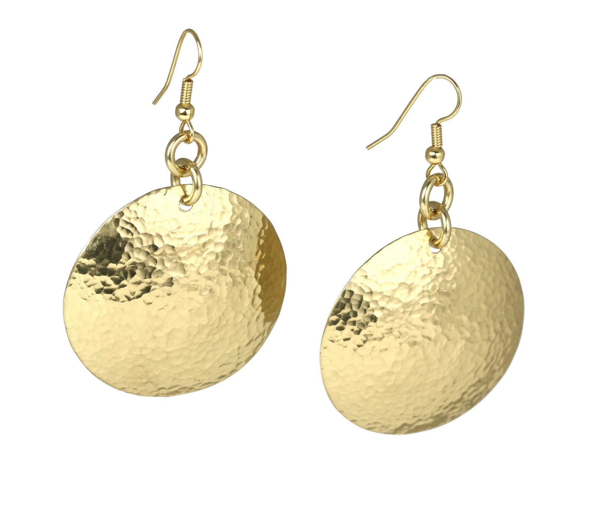 Detailed View of Hammered Nu Gold Brass Disc Earrings