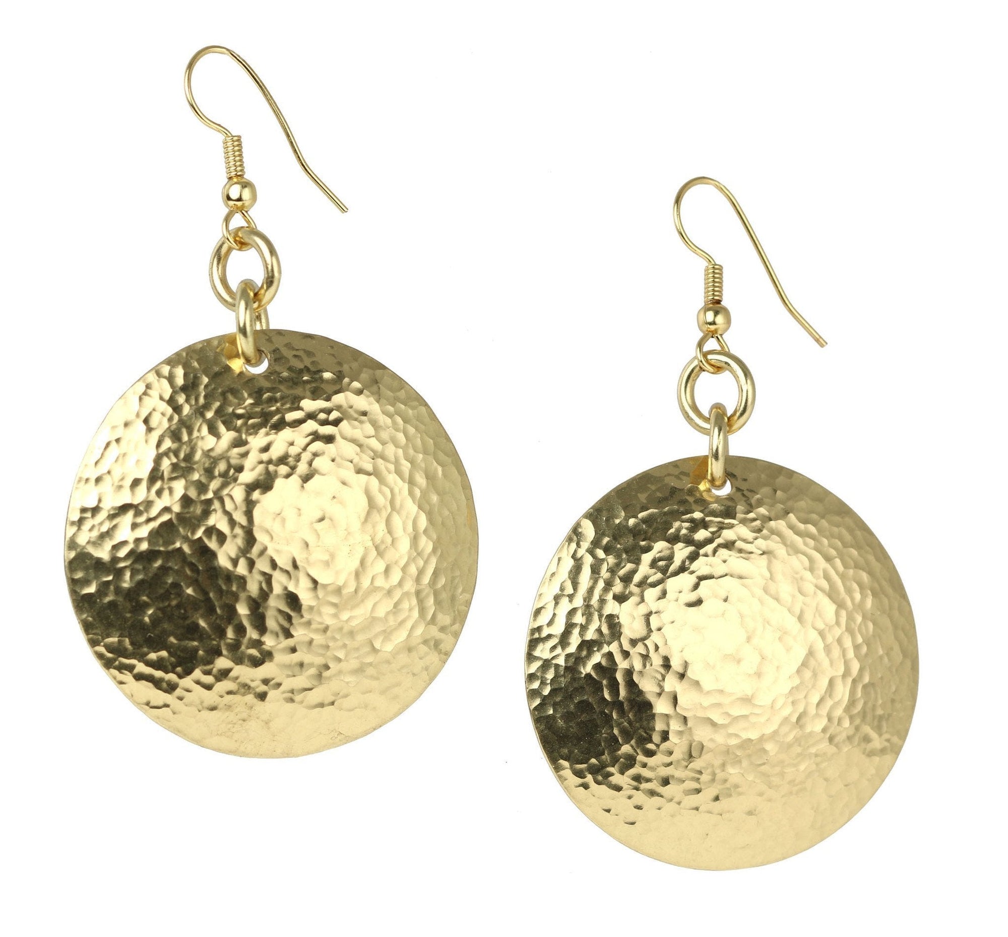 A Pair of Hammered Nu Gold Brass Disc Earrings on a White Background