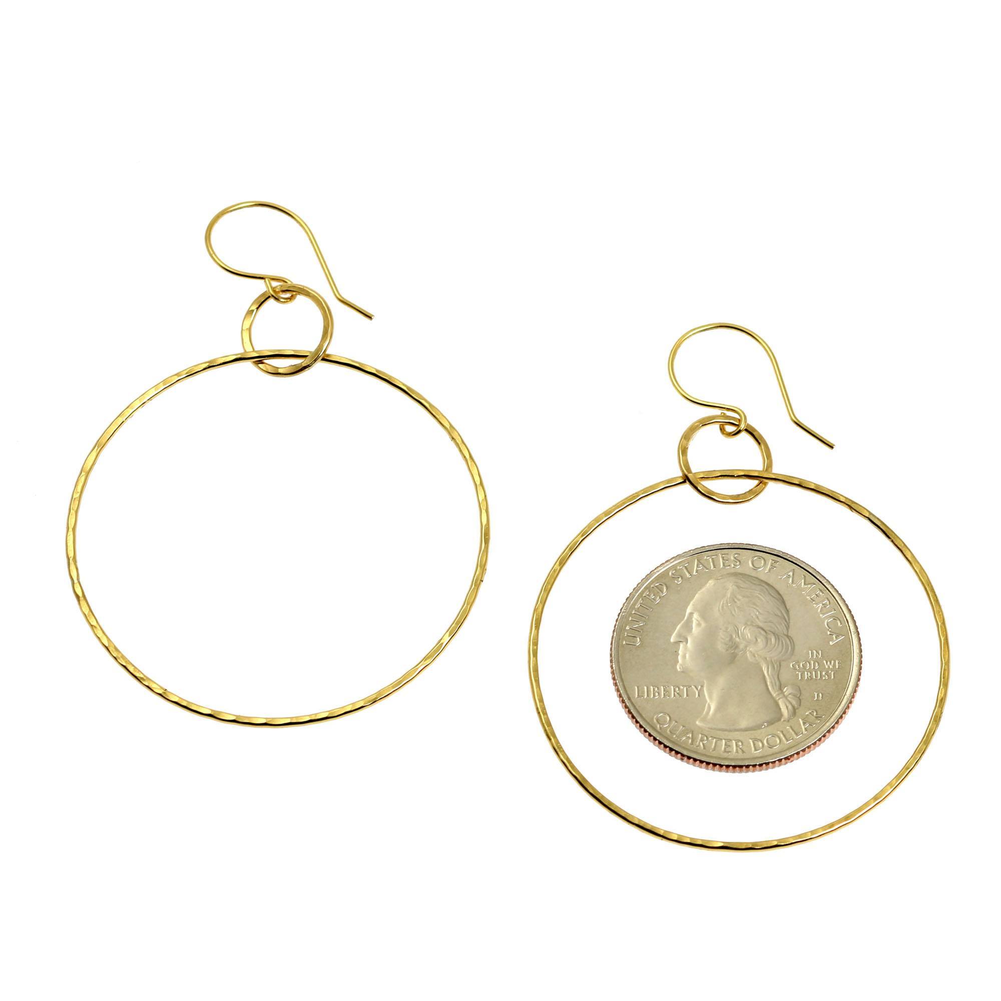 Size of Hammered Nu Gold Brass Hoop Earrings compared to a US Quarter Coin