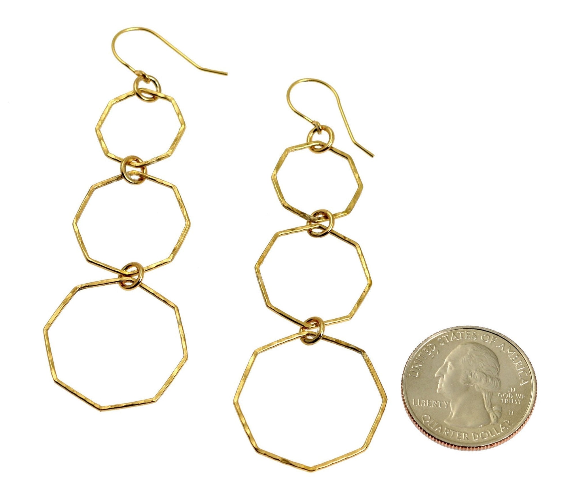 Size of Hammered Nu Gold Brass Octagon Dangle Earrings compared to a US Quarter Coin