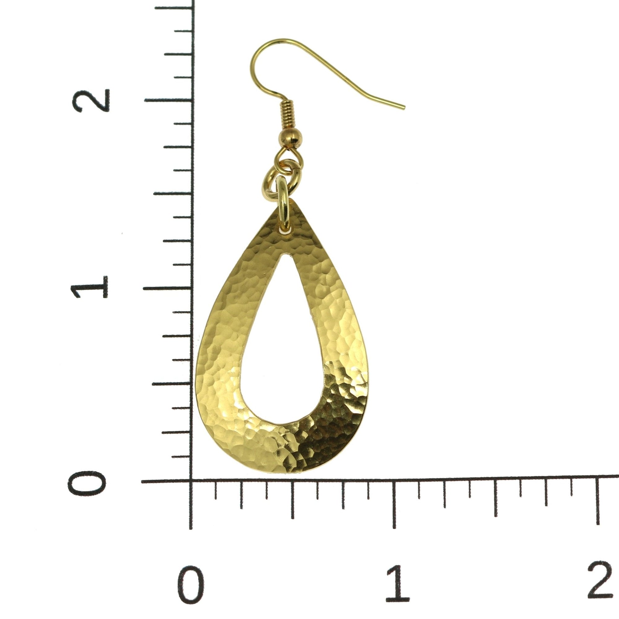 Scale of Hammered Nu Gold Brass Open Teardrop Earrings on a Ruler for Size Dimensions