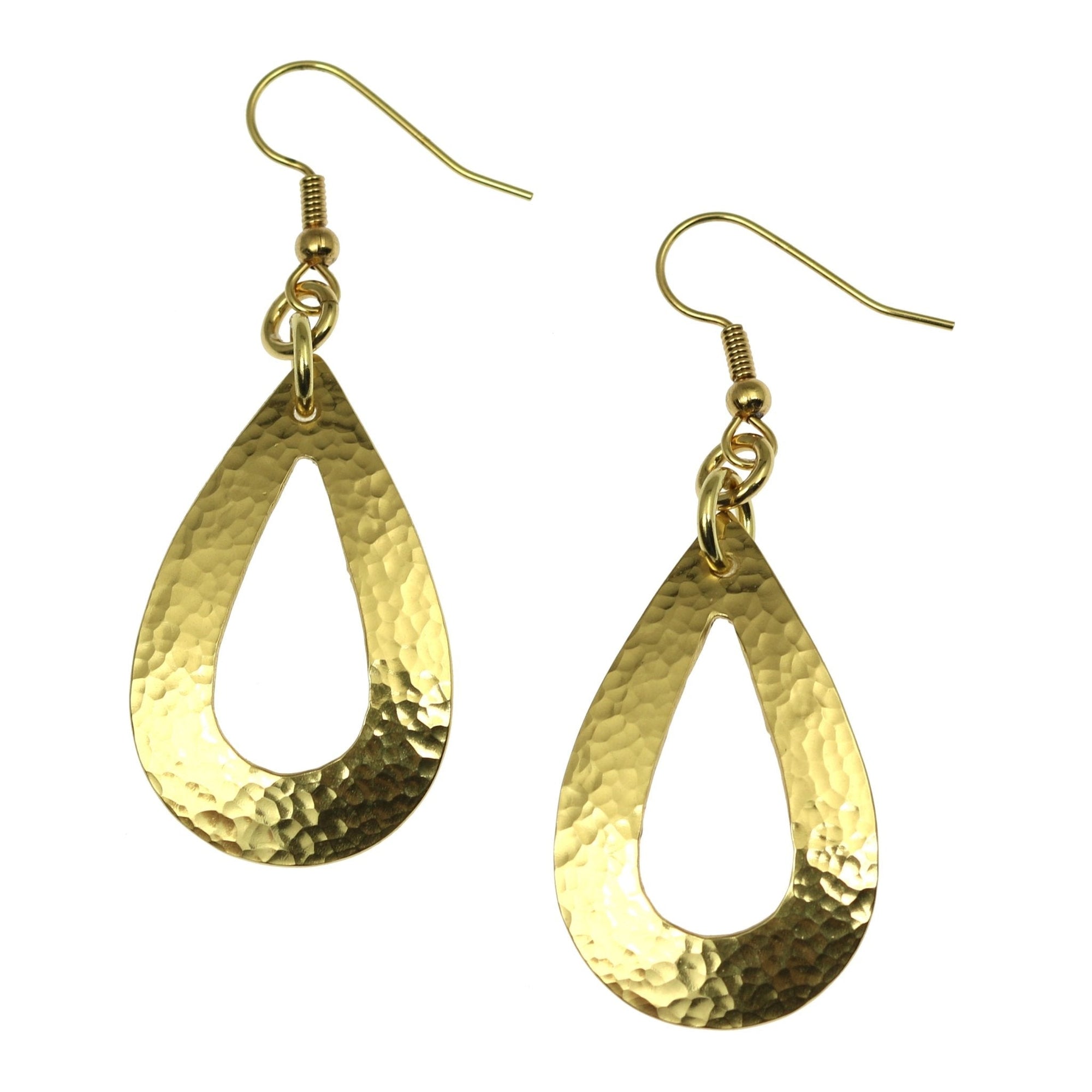 A Pair of Hammered Nu Gold Brass Open Teardrop Earrings on a White Background