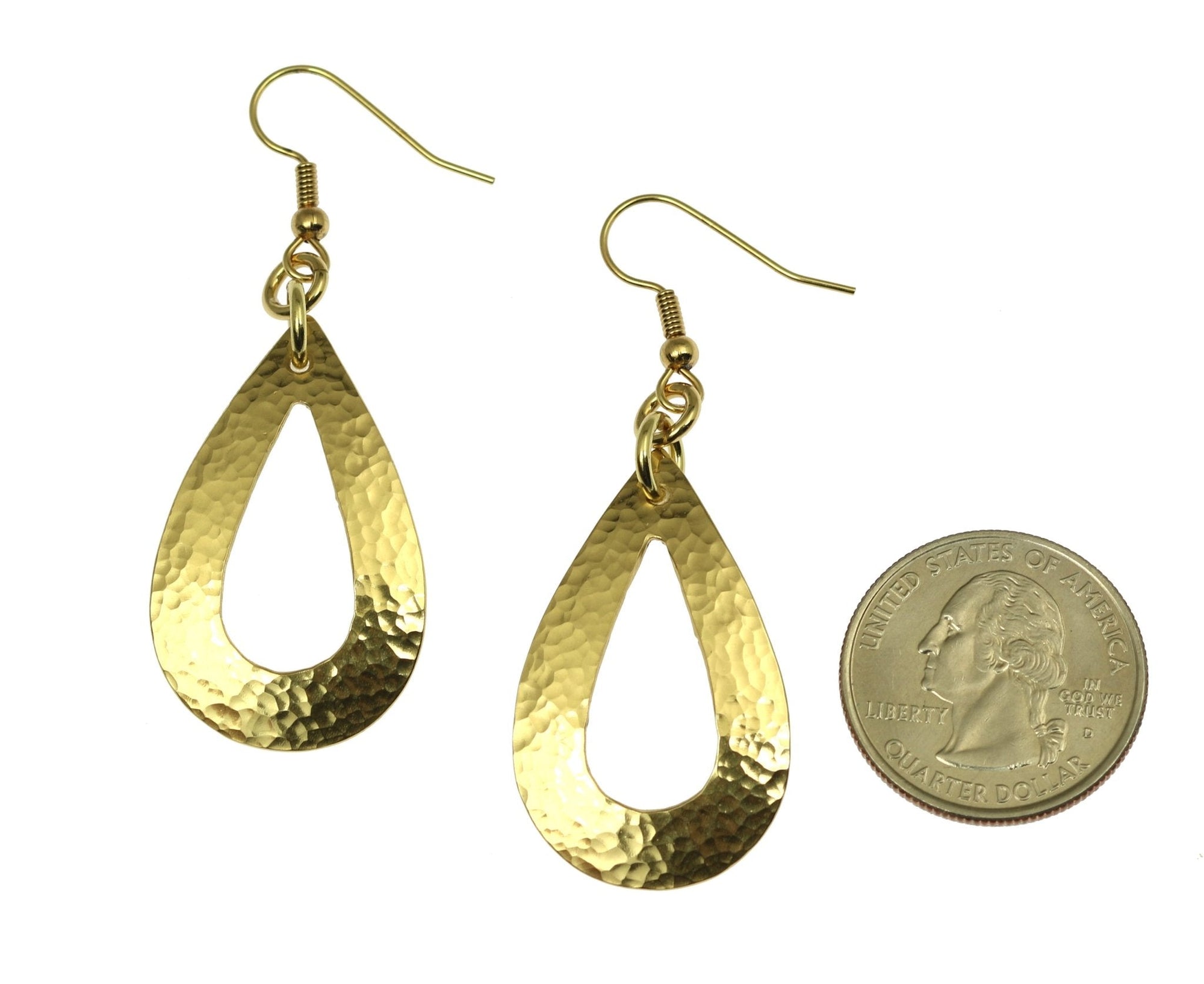 Size of Hammered Nu Gold Brass Open Teardrop Earrings compared to a US Quarter Coin