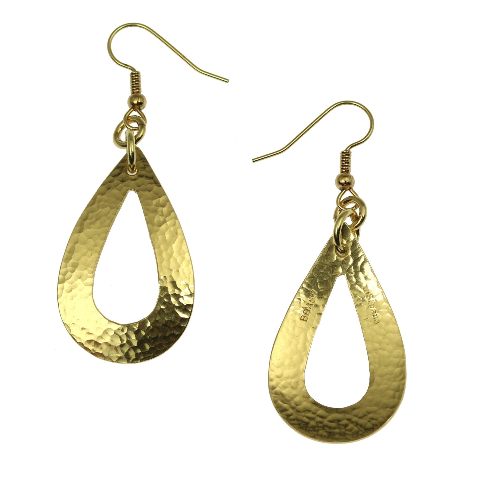 Front and Back Views of Hammered Nu Gold Brass Open Teardrop Earrings
