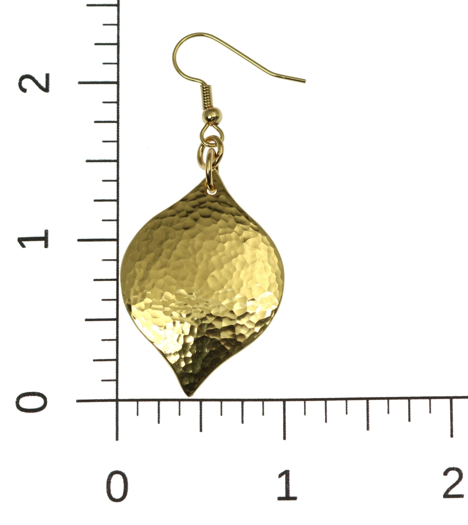 Scale of Hammered Nu Gold Marrakesh Drop Earrings on a Ruler for Size Dimensions
