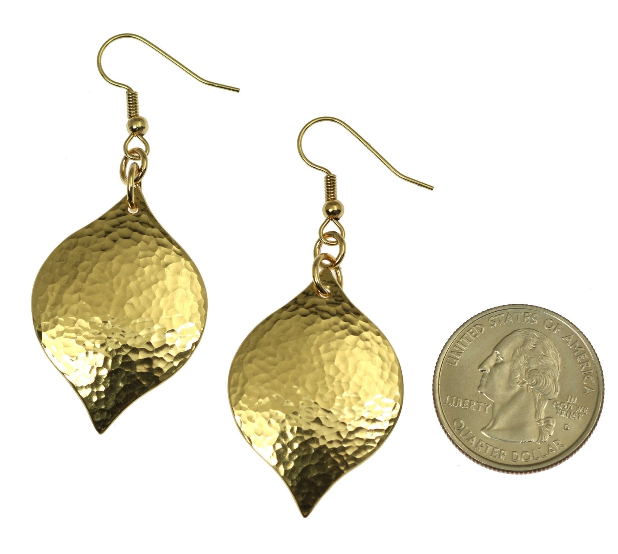 Size of Hammered Nu Gold Marrakesh Drop Earrings compared to a US Quarter Coin
